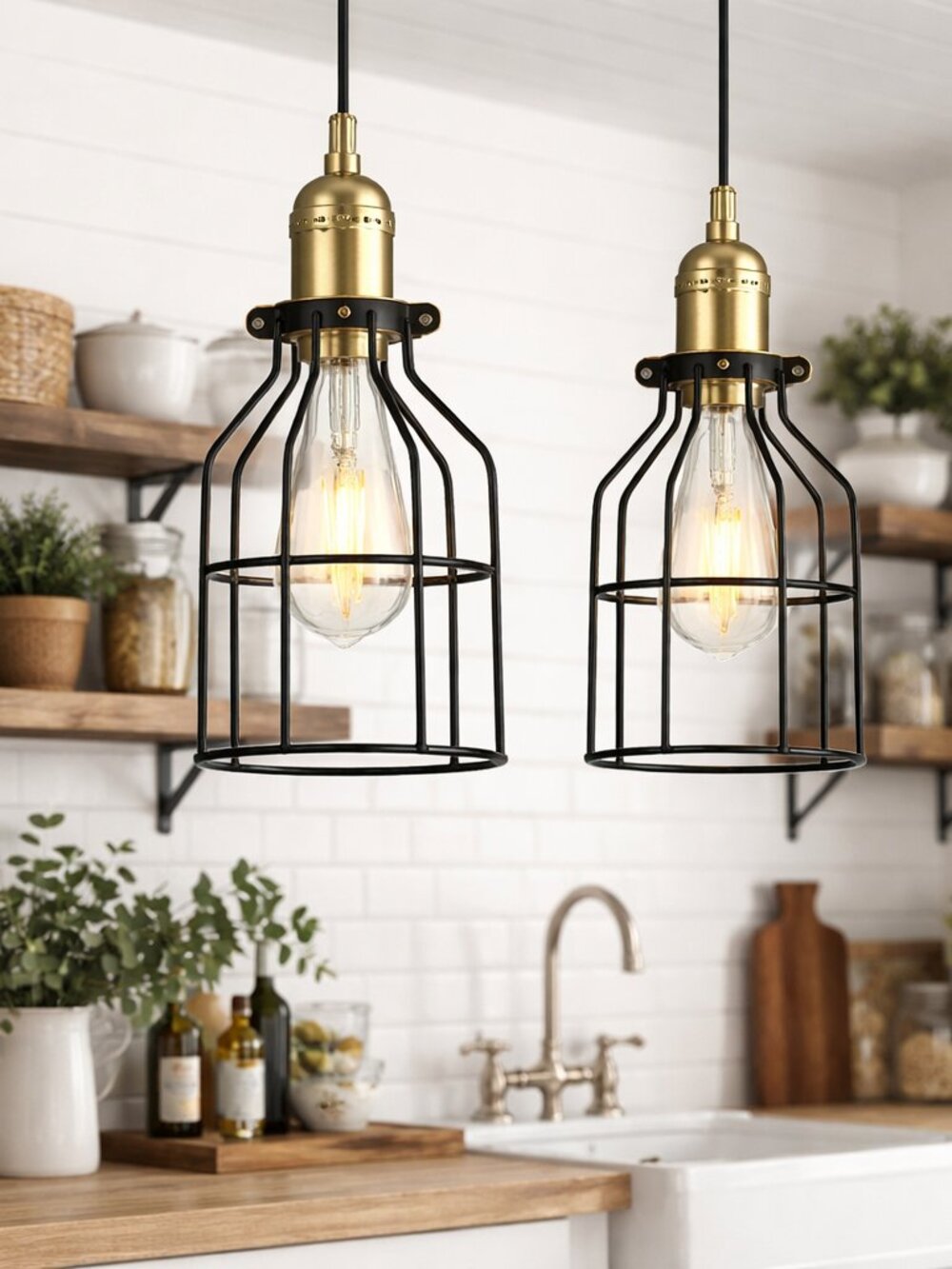 Set of 2 Farmhouse Industrial Light Cages | Black Metal Pendant Cage Shades